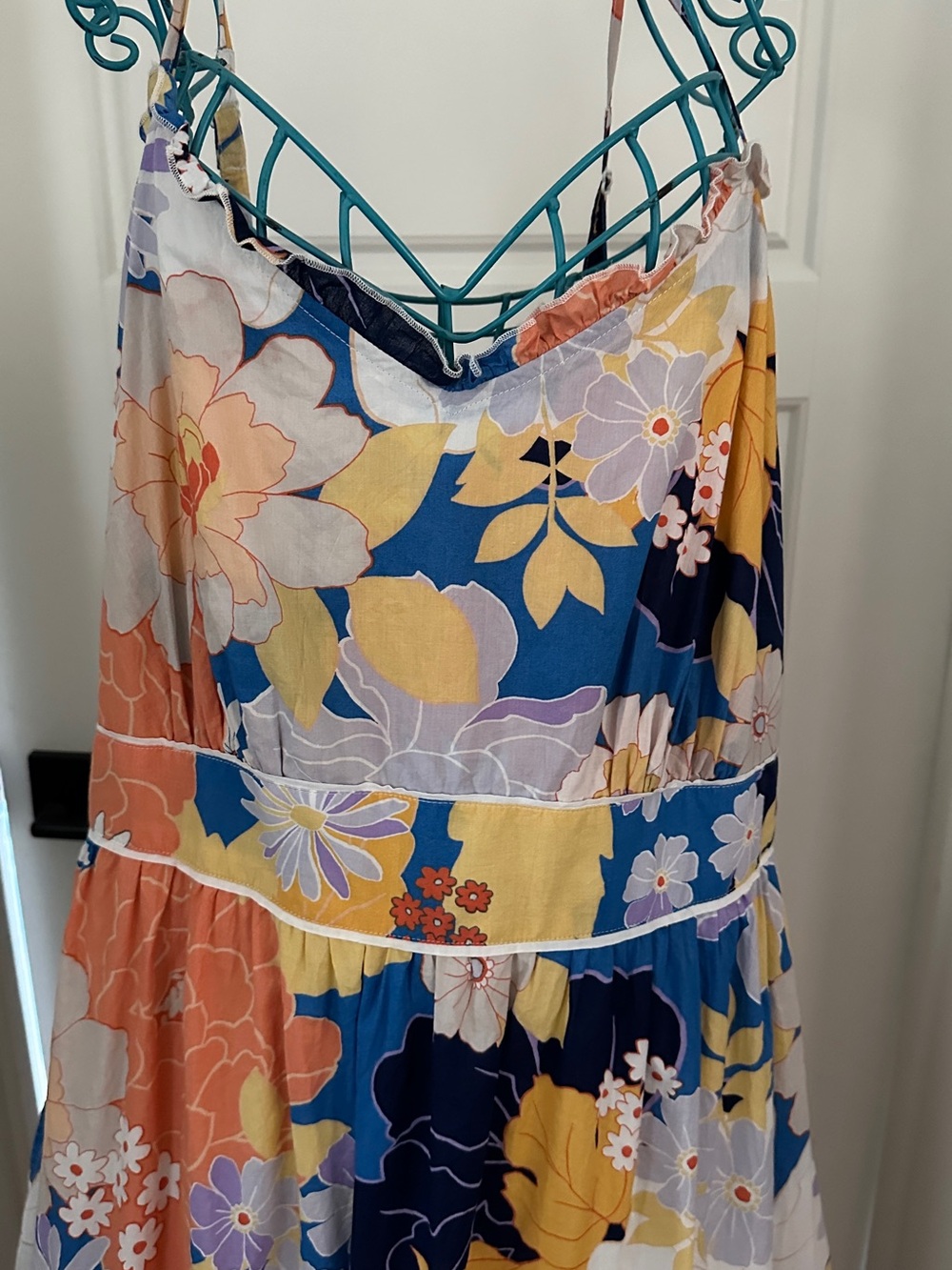 Fat Face Blue Floral Tie-Front Dress with Yellow & Coral Accents